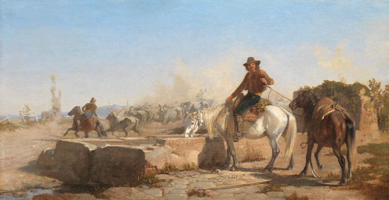 A Buttero Watering his Horse in the Roman Campagna, 1853 by George Hemming Mason