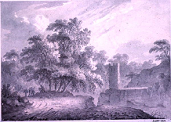 A Country Road with Travellers beside a Tower, built on a Rocky Cliff, At Marino, near Lake Albano by George Howland Beaumont