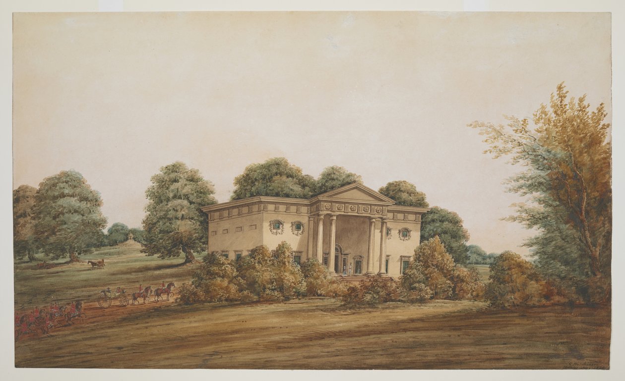A palladian garden house in a park-like landscape, Delhi, with a carriage and outriders approaching by George Hutchinson