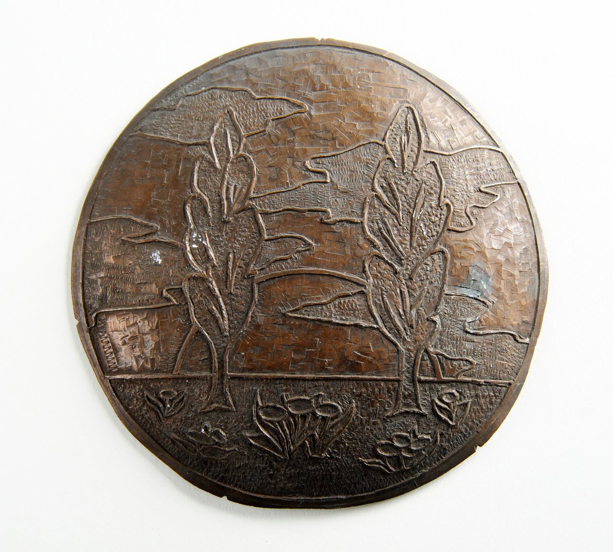 Convex plaque with trees, clouds and flowers by George James Frampton