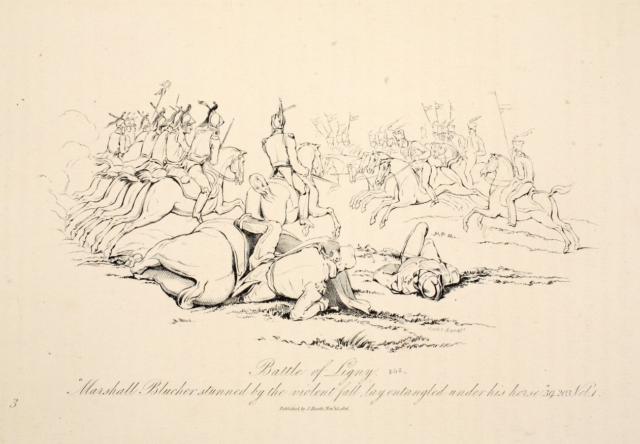Battle of Ligny: Marshall Blucher Stunned by the Violent Fall Lay Entangled Under His Horse, pub J. Booth, 1816 by George Jones