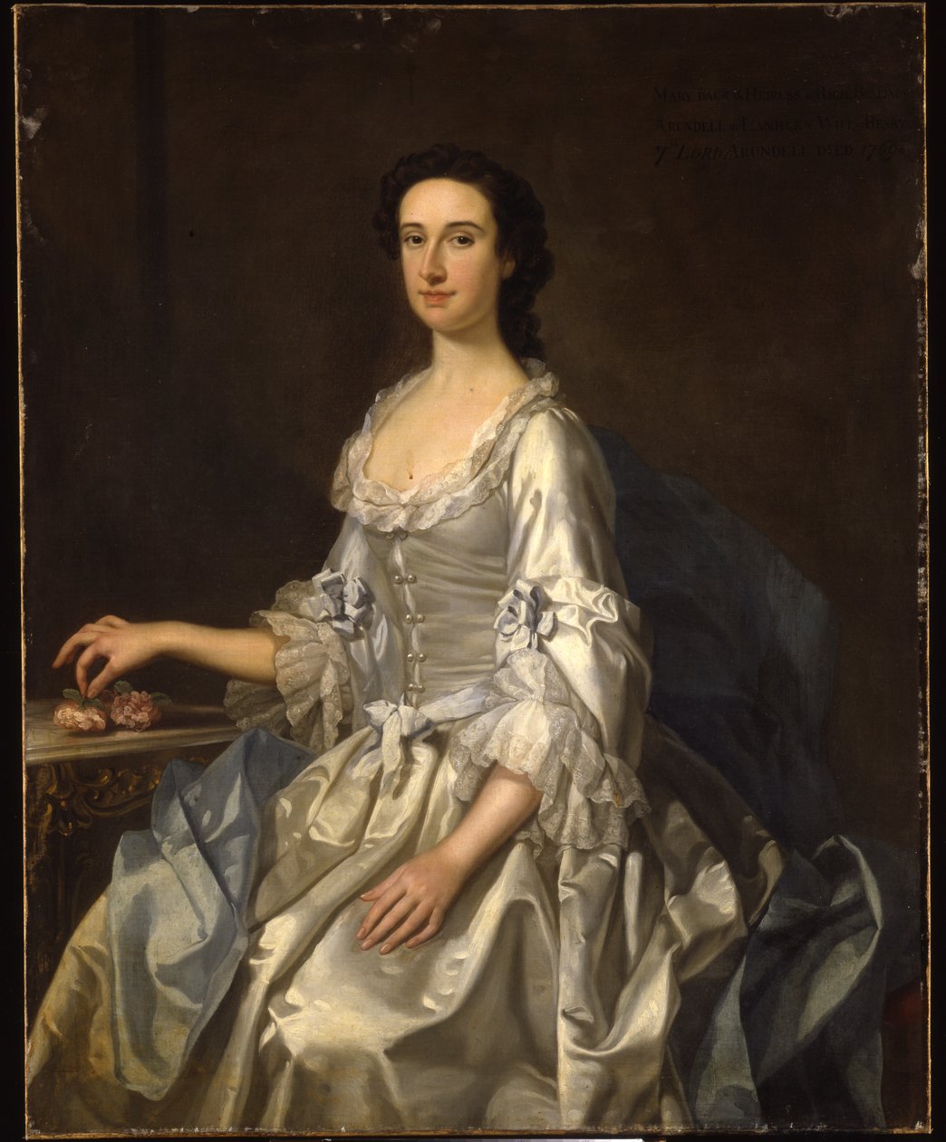 Mary, Wife of Henry, 7th Lord Arundell of Wardour, in a Grey Satin Dress, Holding Roses by a Table by George Knapton