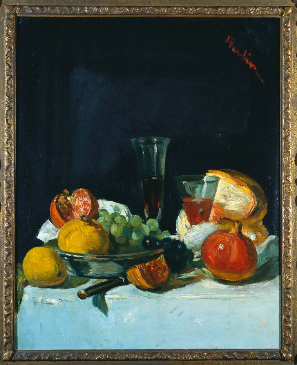 Grapes, Lemons and Pomegranates with White Wine Glasses and Loaf of Bread by George Leslie Hunter