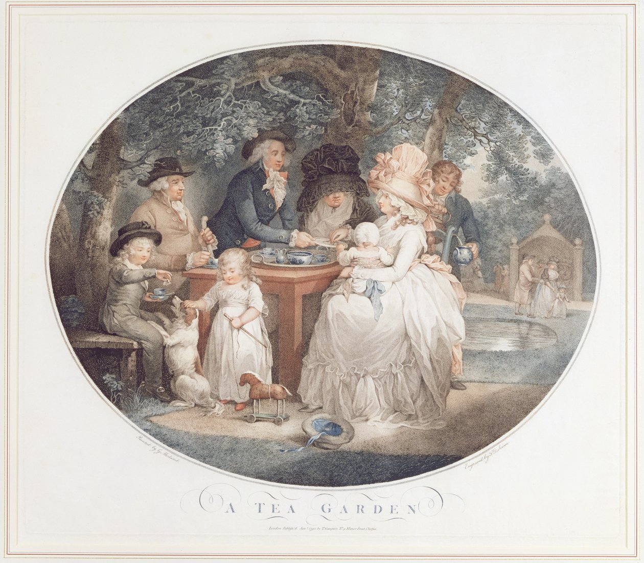 A Tea Garden, colour stipple engraving after Morland by Francois David Saron by George Morland