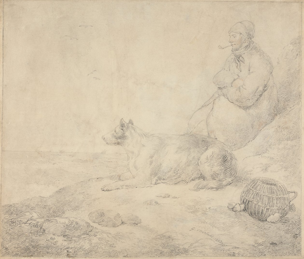 Fisherman and Dog Sitting by the Coast by George Morland