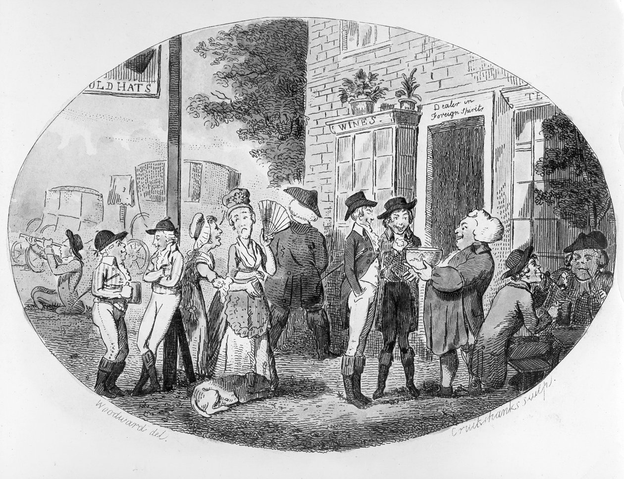 Outside the Old Hats Tavern, engraved by Isaac Cruikshank by George Moutard Woodward