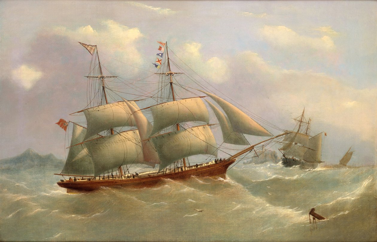 The Ellen Ashcroft of Whitehaven Under Reduced Sail, in Two Positions Off a Rocky Headland, c.1868 by George Nelson