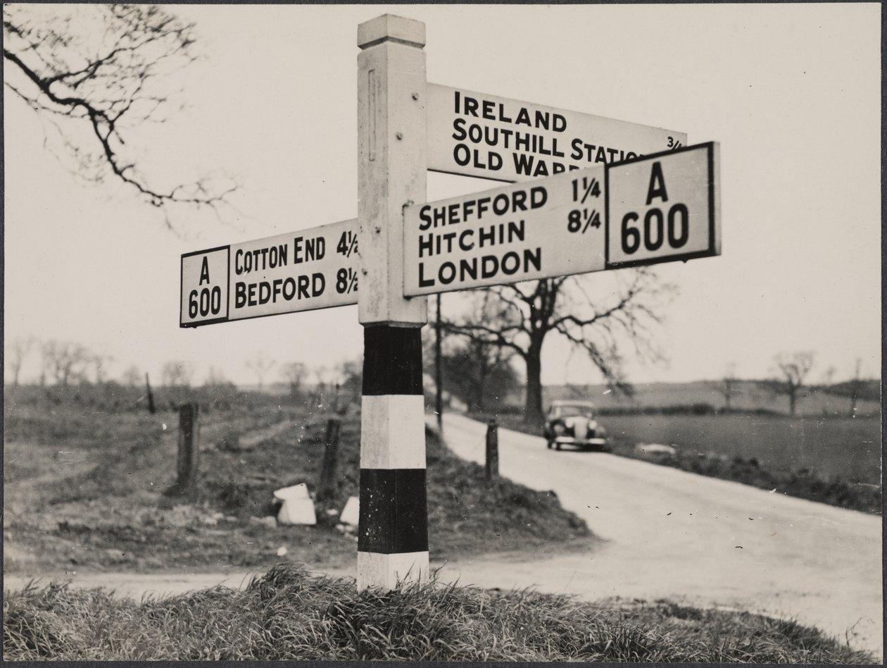 A finger post road sign between Bedford and Shefford, c.1940-60