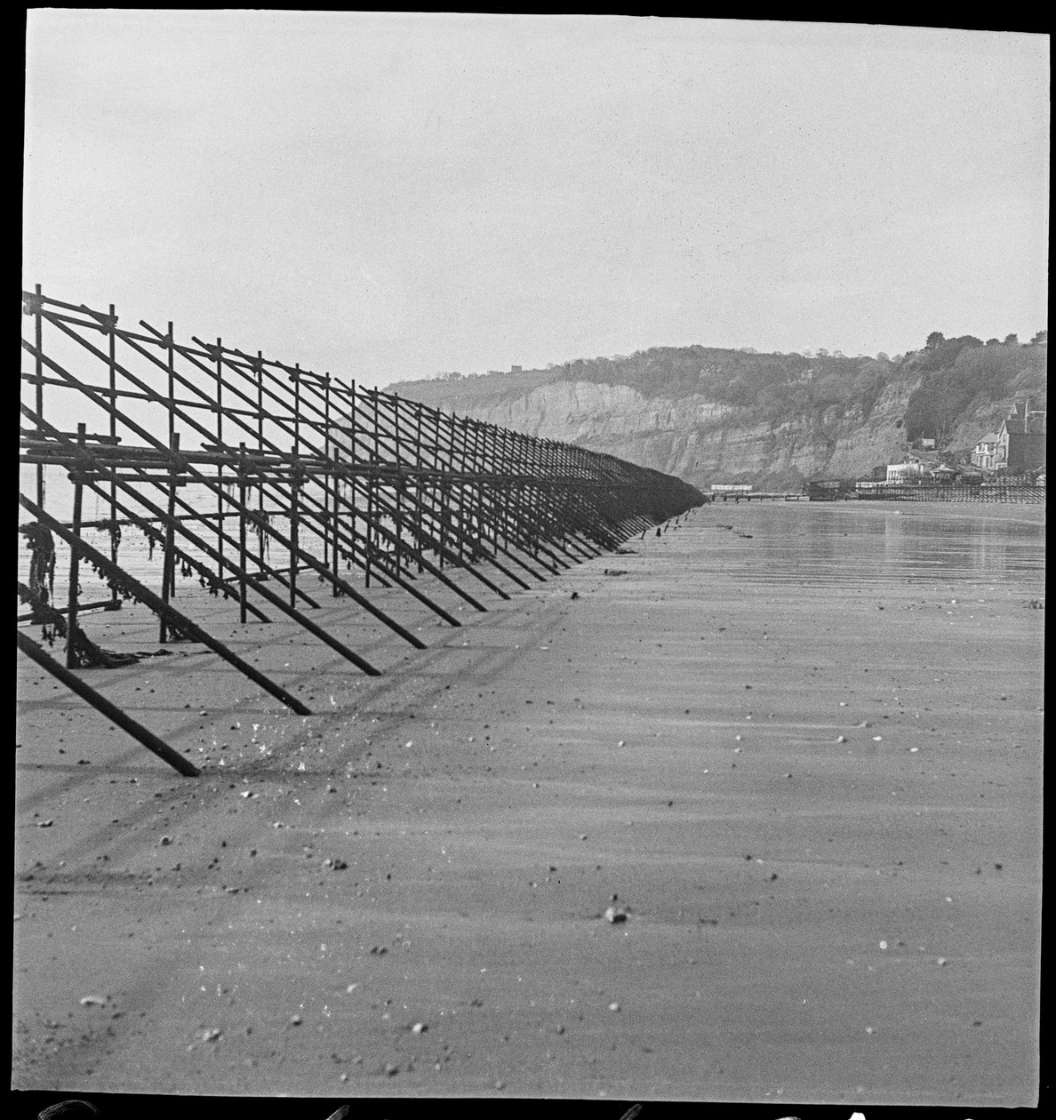 The beach at Shanklin along a line of Admiralty scaffolding by George R. Long