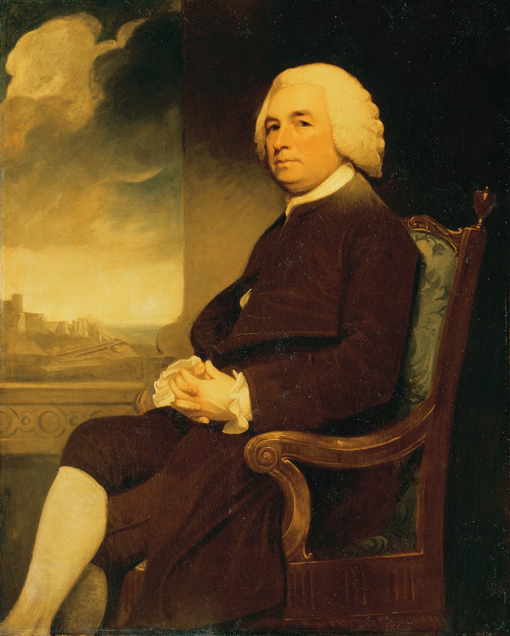 Portrait of Michael Russell, seated, with Dover Castle beyond by George Romney