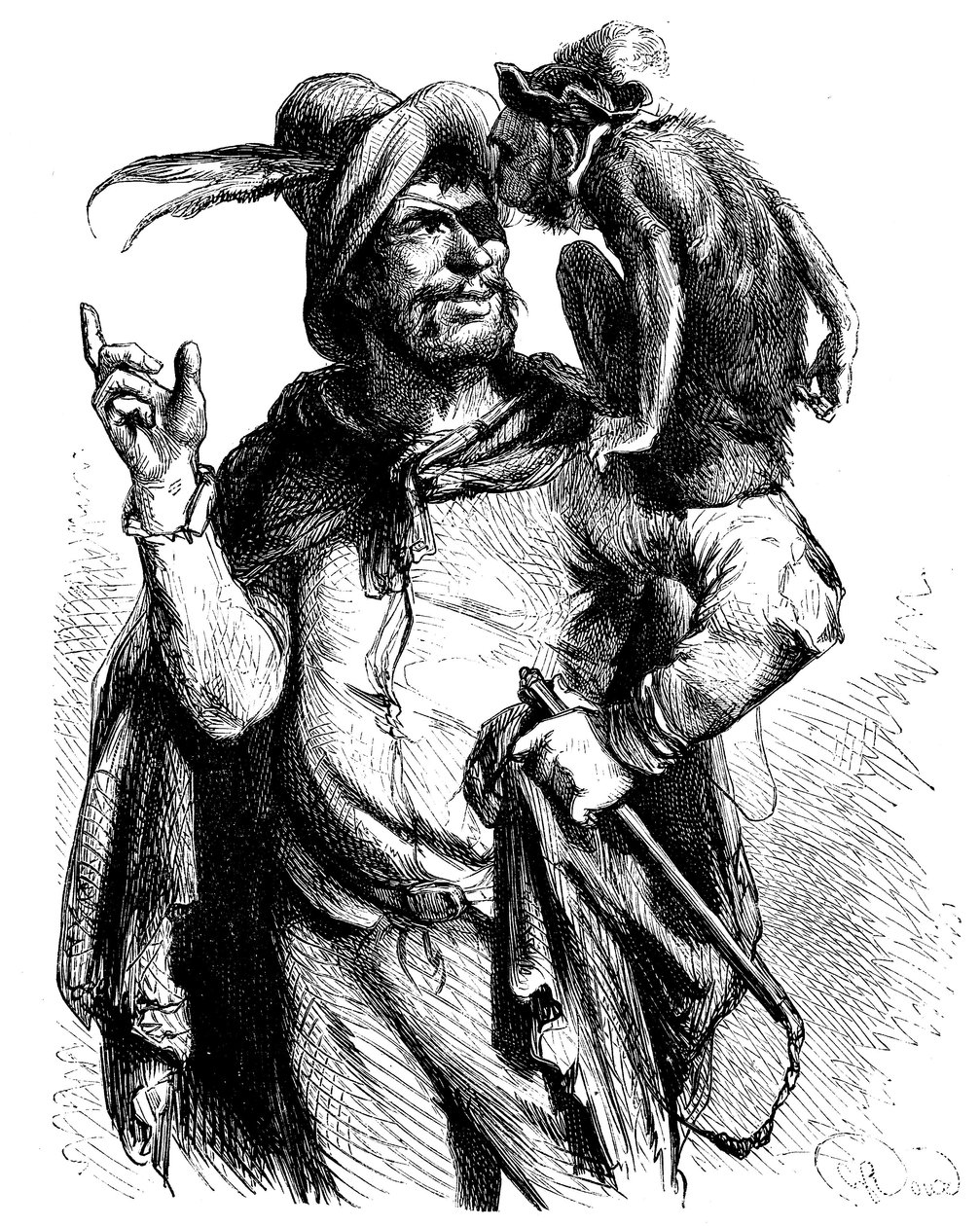 Illustration by George Roux for the Don Quixote of Cervantes: Master Peter and his monkey by George Roux