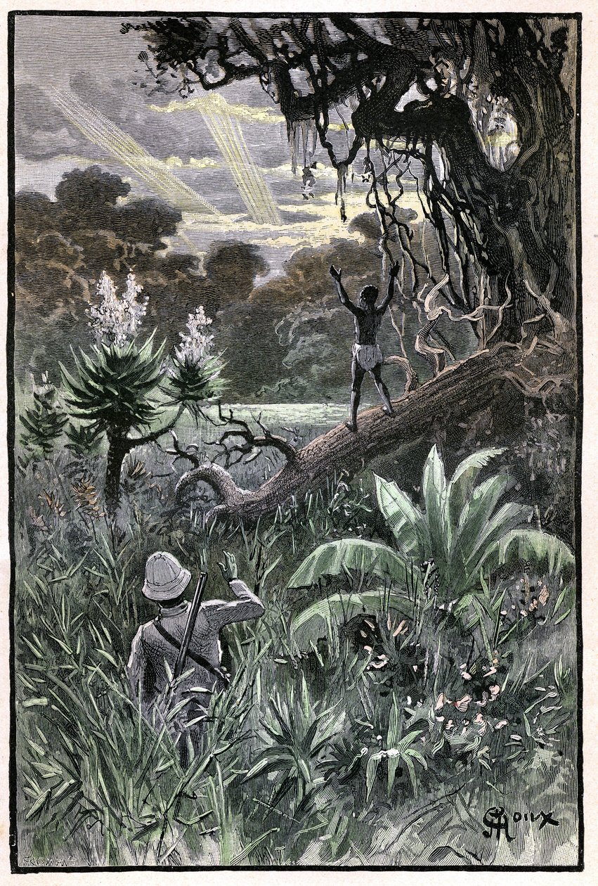 Illustration by George Roux for Jules Verne's book 'The Aerien Village ...