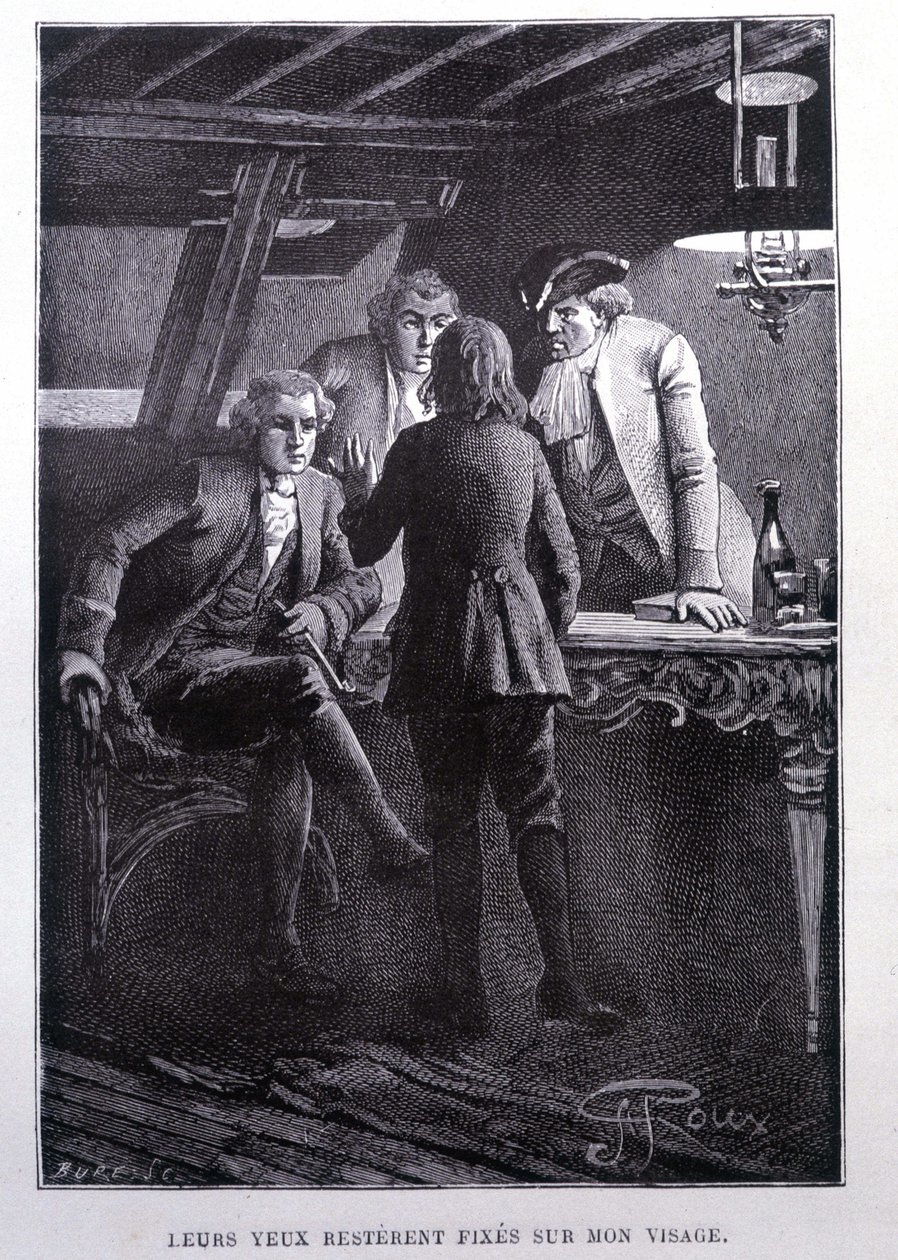 Story scene in the ship square: young Jim Hawkins in front of Dr. Livesey and the Chevalier Trelawnay - in Stevenson