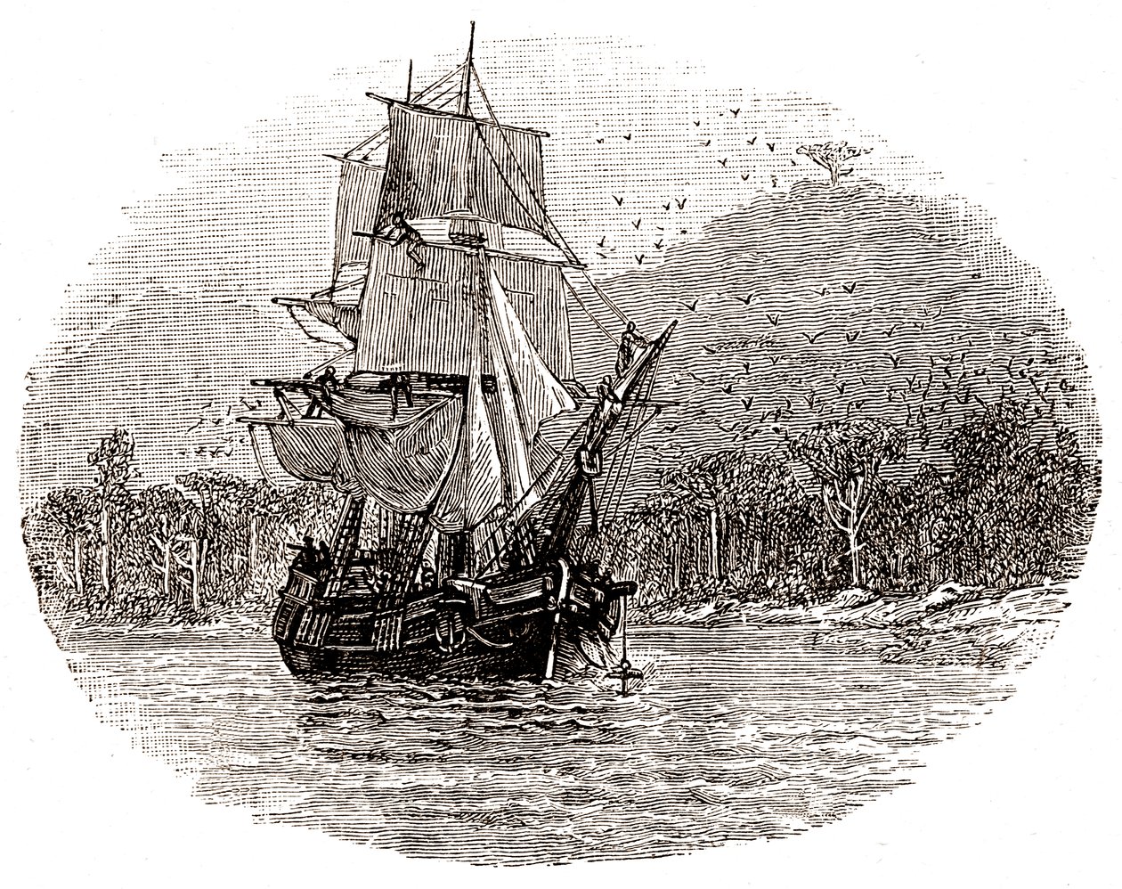 The Hispaniola drops anchor off the island by George Roux