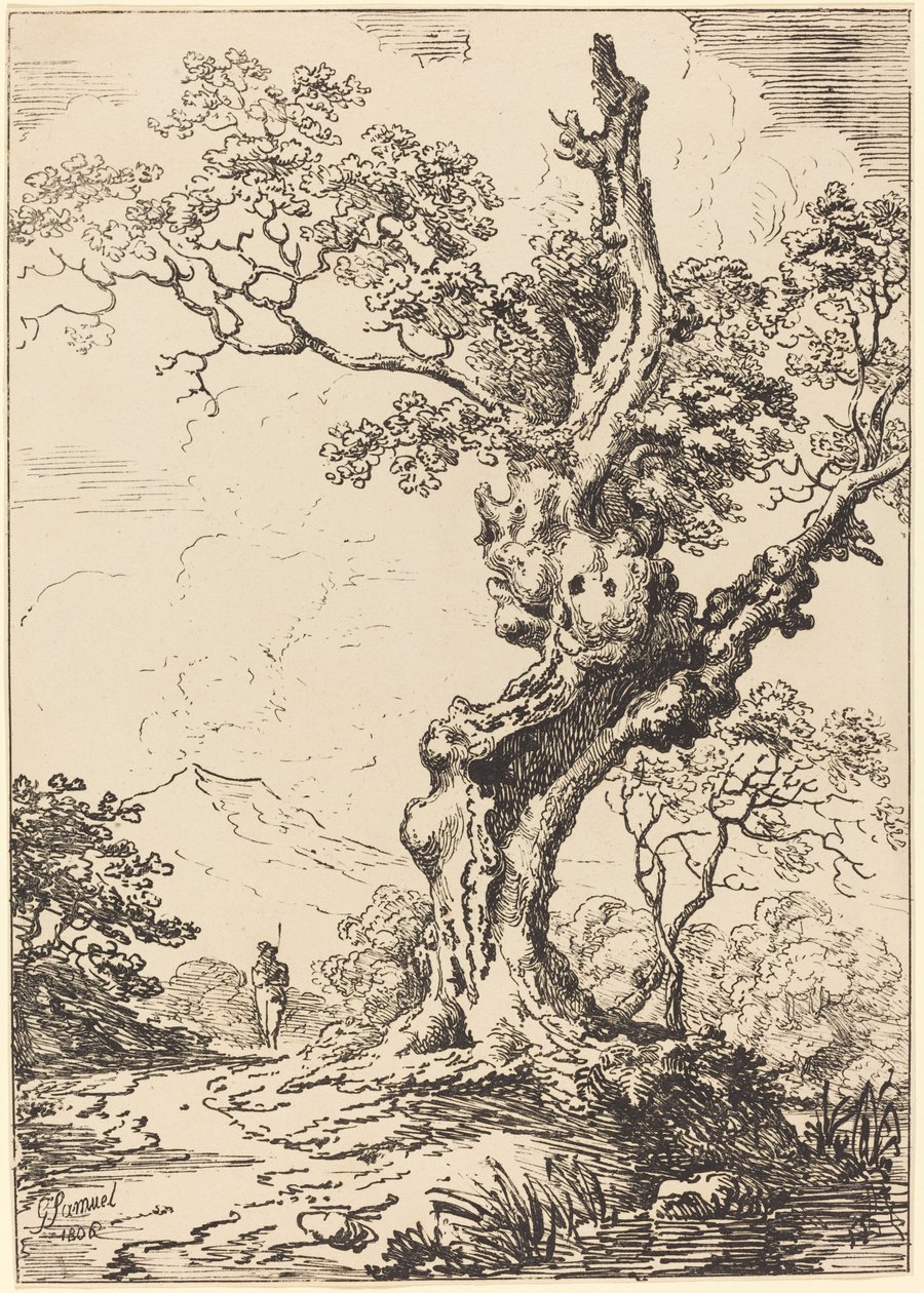 Study of an Old Oak Tree, Water on Right, a Man on Left by George Samuel