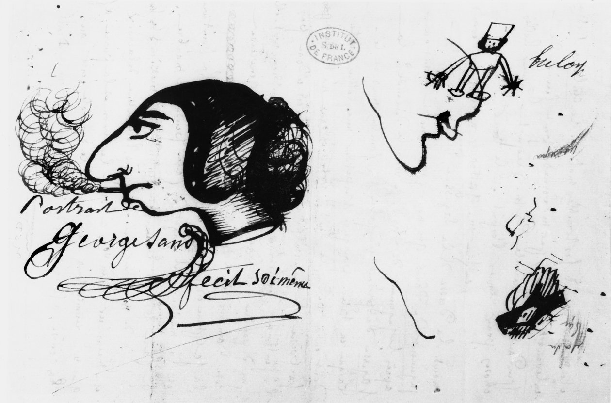 George Sand smoking (1804-76) caricatured by herself by George Sand