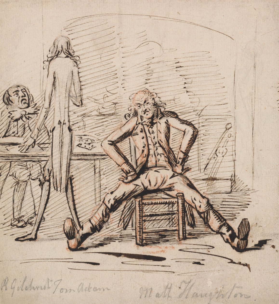 Three Men in a Room: Gilchrist Seated at a Table, Tom Adam Standing, Seen from Behind, and Matt Haughton Seated Legs Outspread and Arms Akimbo Before a Fire by George Shepheard