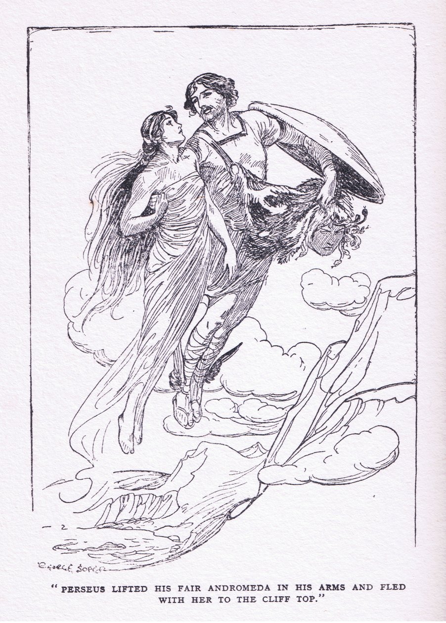 Perseus lifted his fair Andromeda in his arms and fled with her to the cliff tops, from The Heroes published by George Allen and Unwin 1929 by George Soper