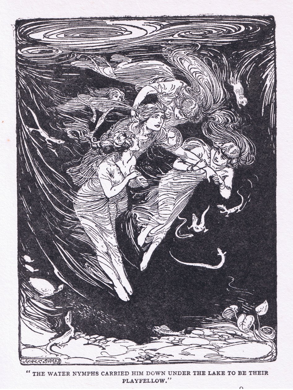 The water nymphs carried him down the lake to their playfellow, from The Heroes published by George Allen and Unwin 1929 by George Soper