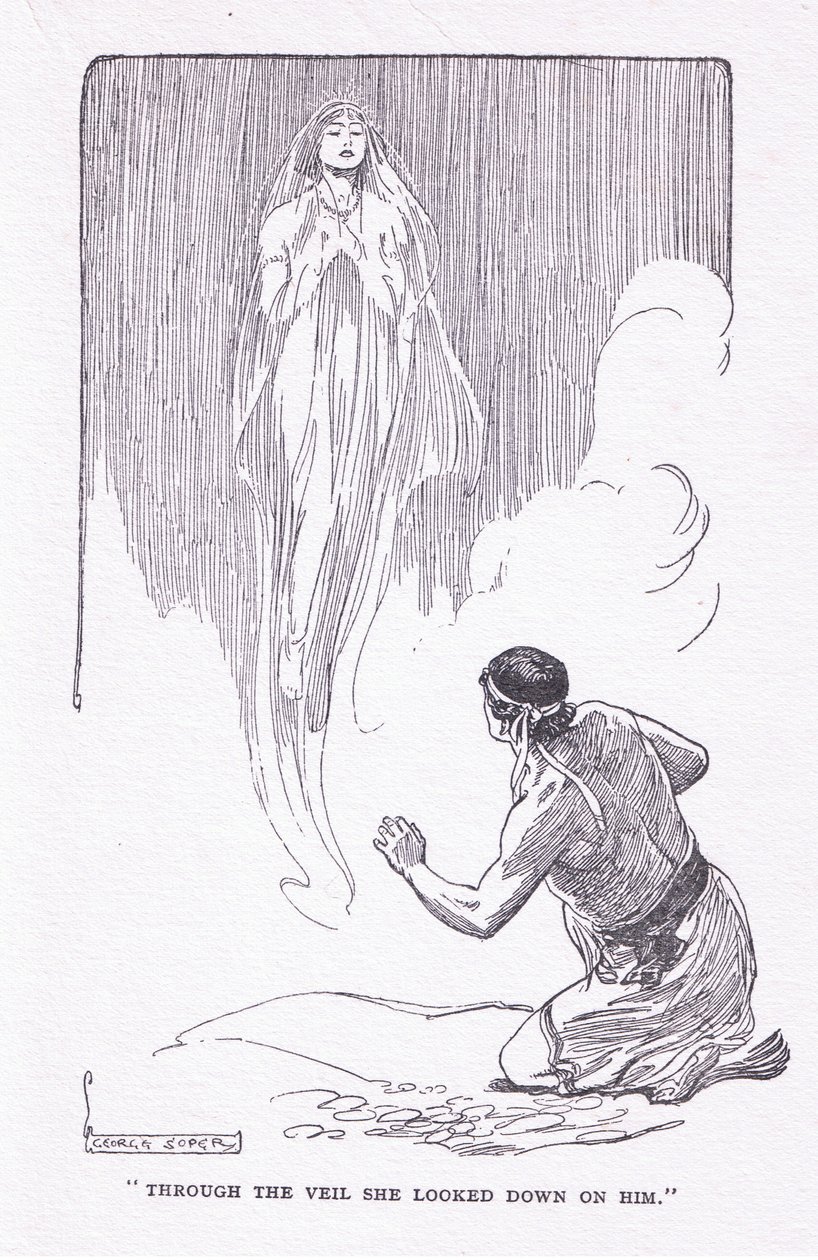 Through the veil she looked down on him, from The Heroes published by George Allen and Unwin 1929 by George Soper