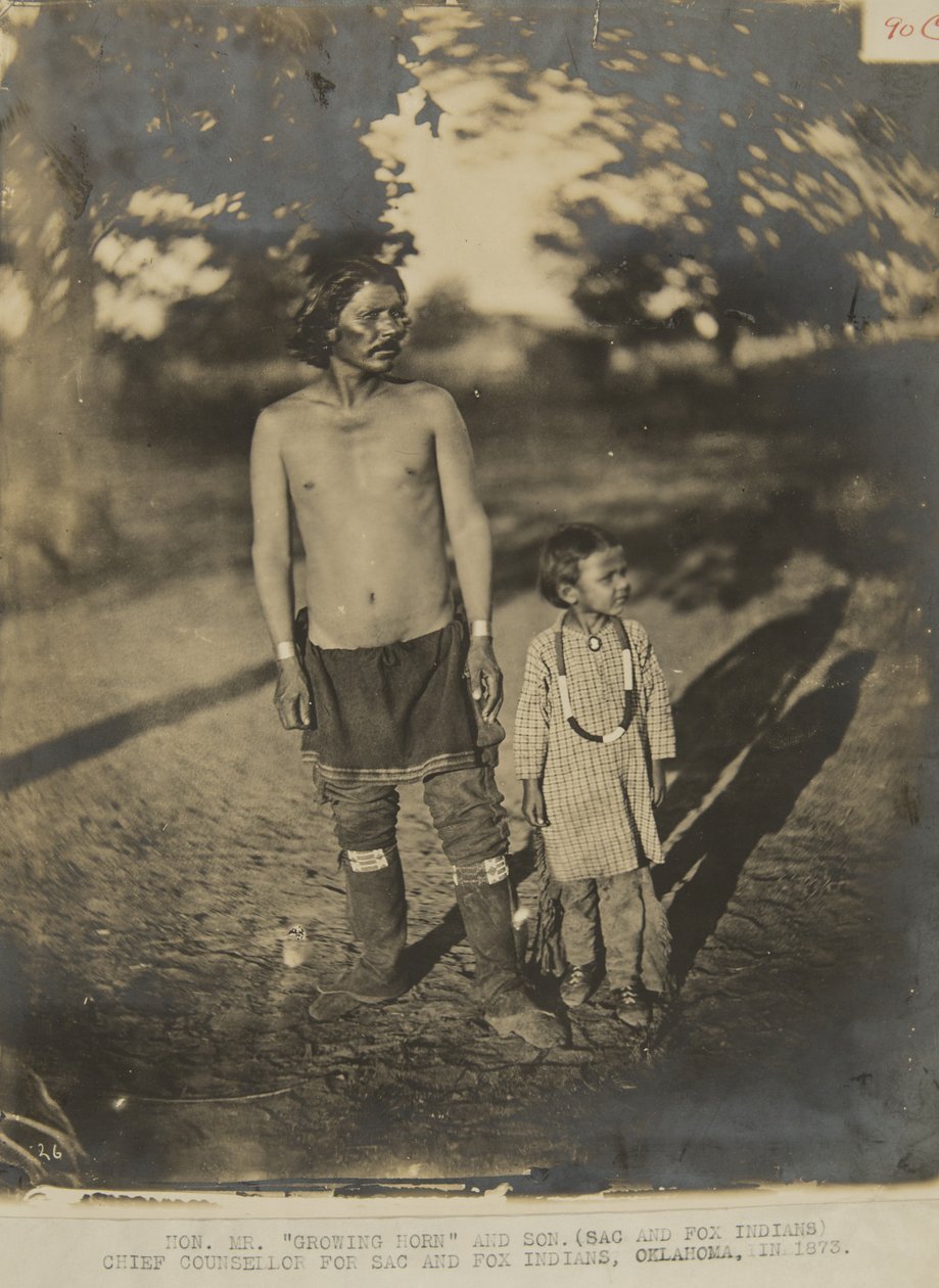 Hon. Mr. Growing Horn and Son. (Sac and Fox Indian) Chief Counselor for Sac and Fox Indian, Oklahoma, in 1873 by George W. Ingalls