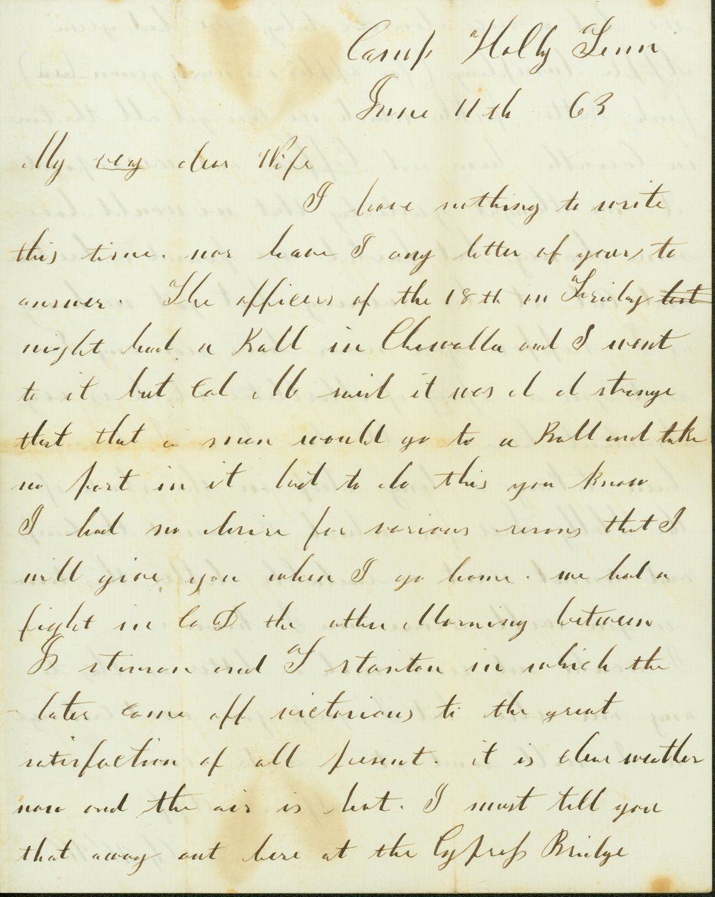 Letter from George Wyckoff, Camp Holly, Tennessee, to Josephine, June 11, 1863 by George W. Wyckoff