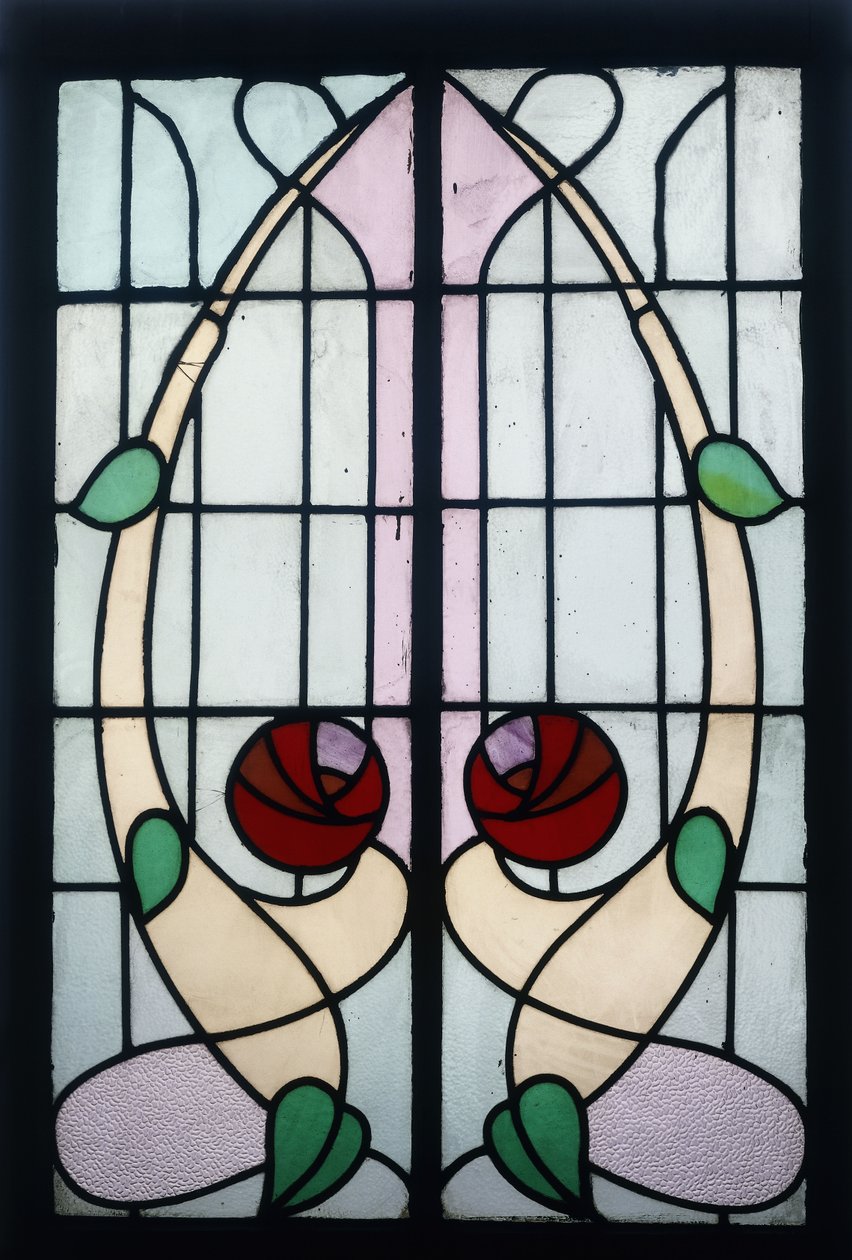 A stained glass panel depicting stylised roses by George Walton