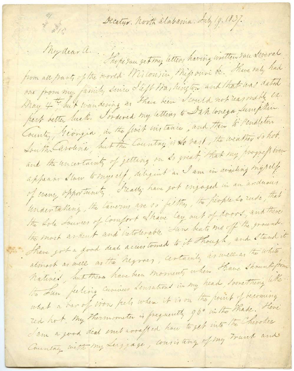 Incomplete Letter of G.W. Featherstonhaugh to Col. Abert, July 19, 1837 by George William Featherstonhaugh