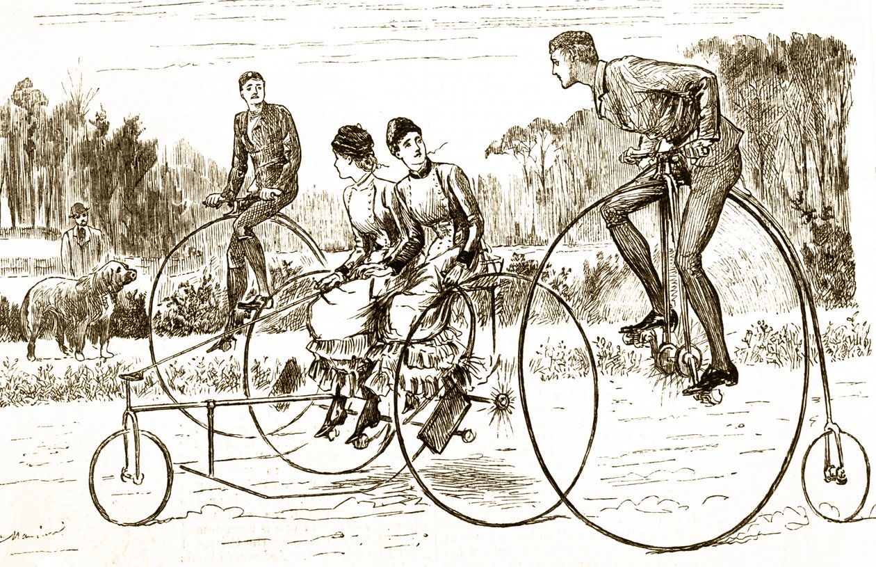 A cartoon depicting a group of young people riding tricycles by George du Maurier