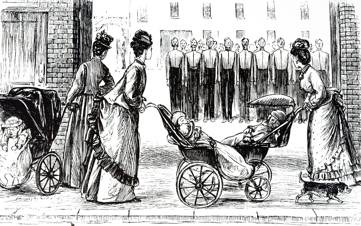 An Engraving Depicting Nursemaids Wheeling Children in Perambulations. Illustrated by George du Maurier by George du Maurier