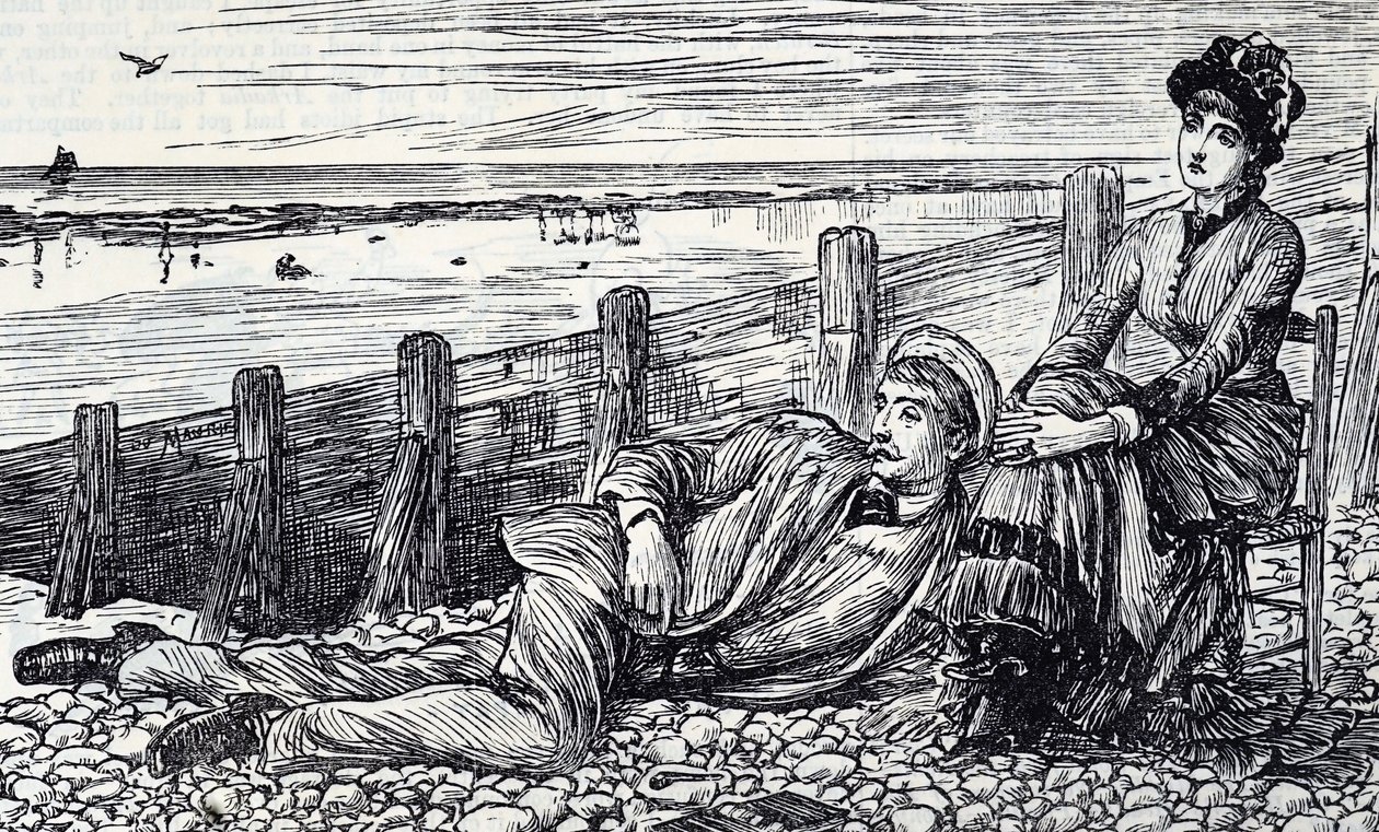 A couple enjoying their honeymoon on a pebbled beach by George du Maurier