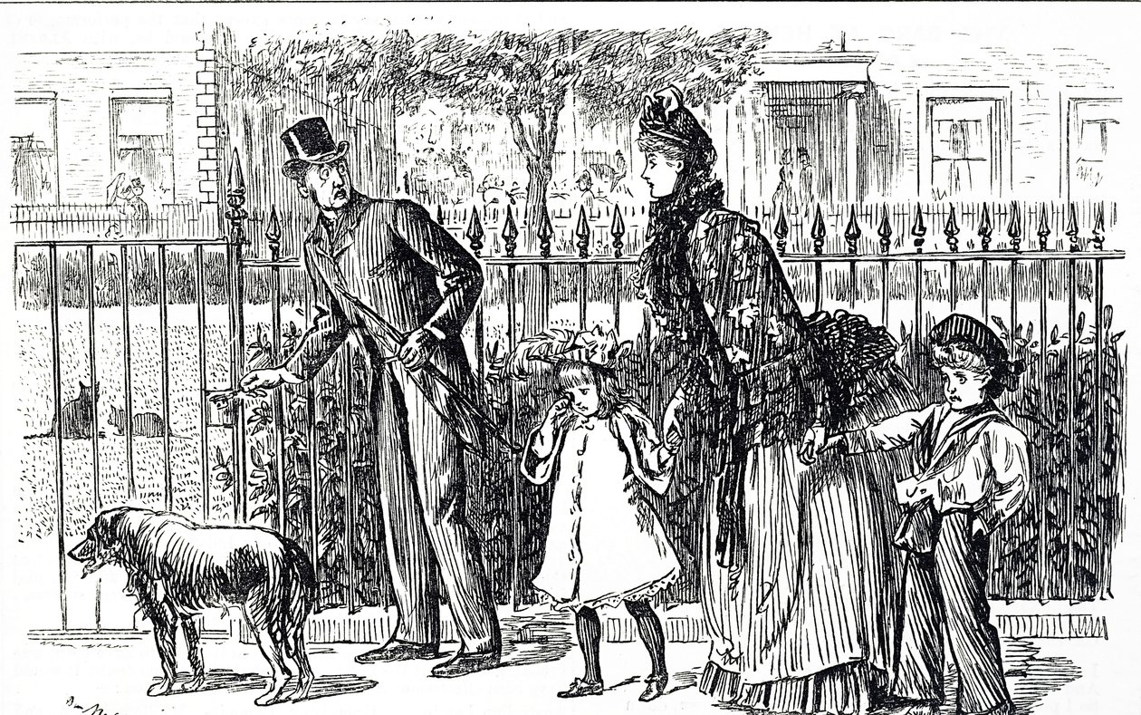 Cartoon depicting a family walking the streets of Victorian London by George du Maurier