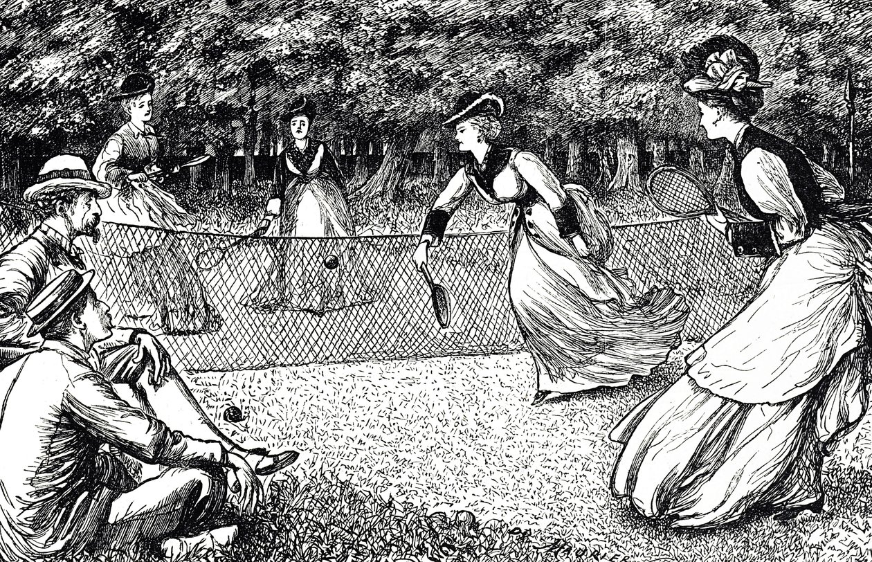 Cartoon depicting a game of lawn tennis by George du Maurier