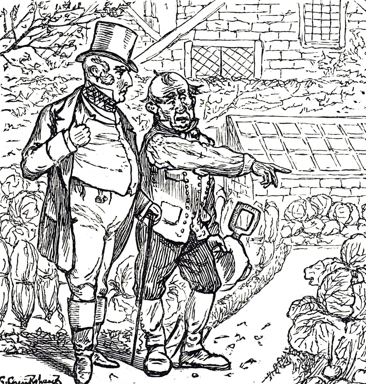 Cartoon depicting a gentleman with a gardener in the vegetable plot by George du Maurier