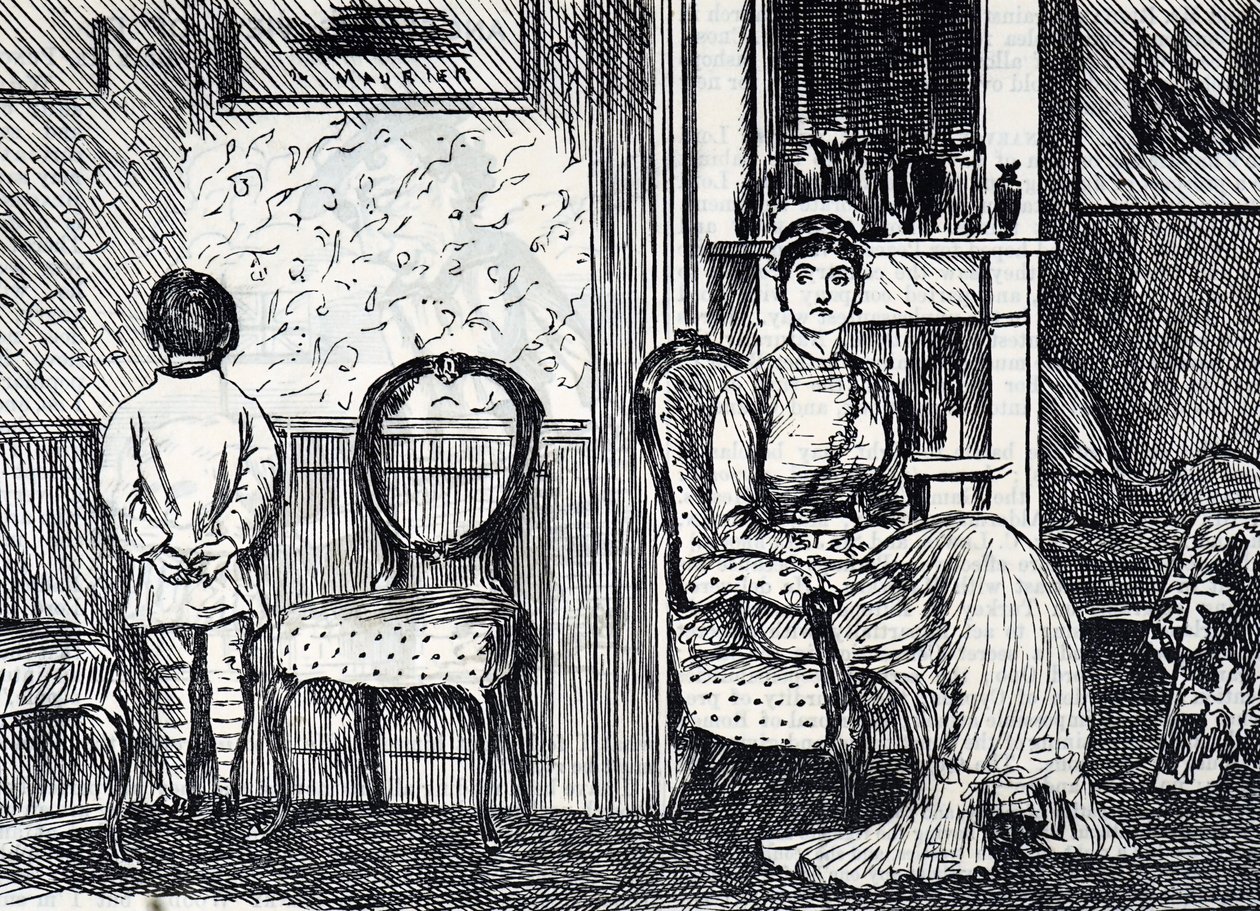 Cartoon depicting a mother punishing her son by making him stand facing the wall by George du Maurier