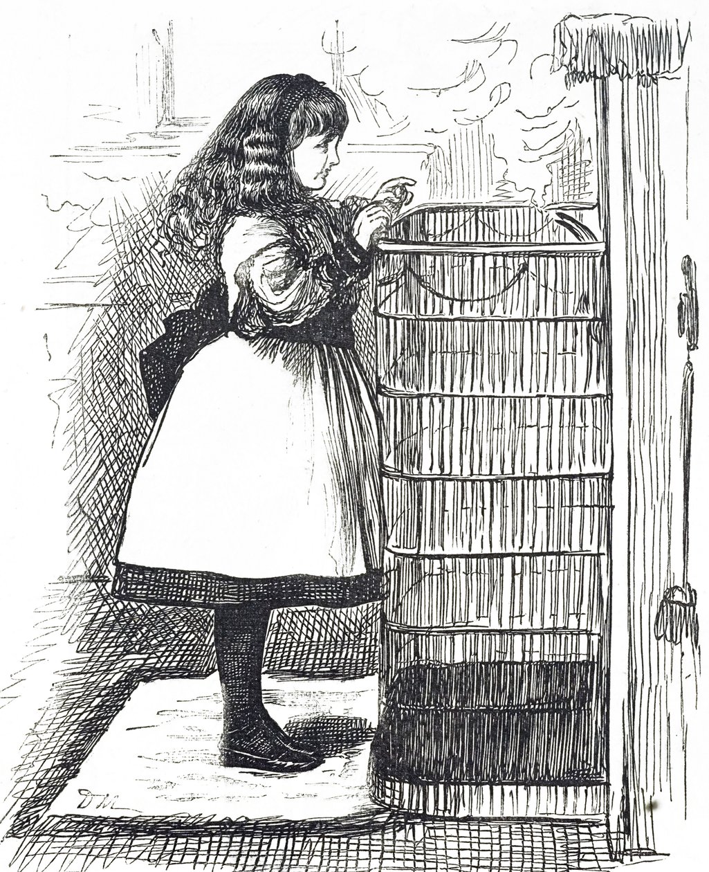 Cartoon depicting a young girl standing in front of a large fireguard by George du Maurier