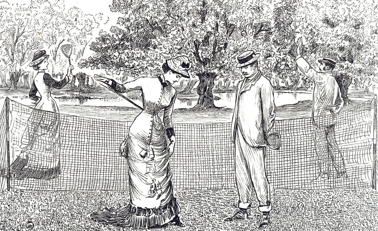 Engraving depicting a female tennis player in discomfort because of her new rubber shoes by George du Maurier