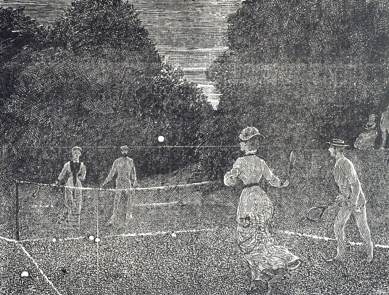 Engraving depicting the use of white phosphorus paint recommended to tennis players by George du Maurier
