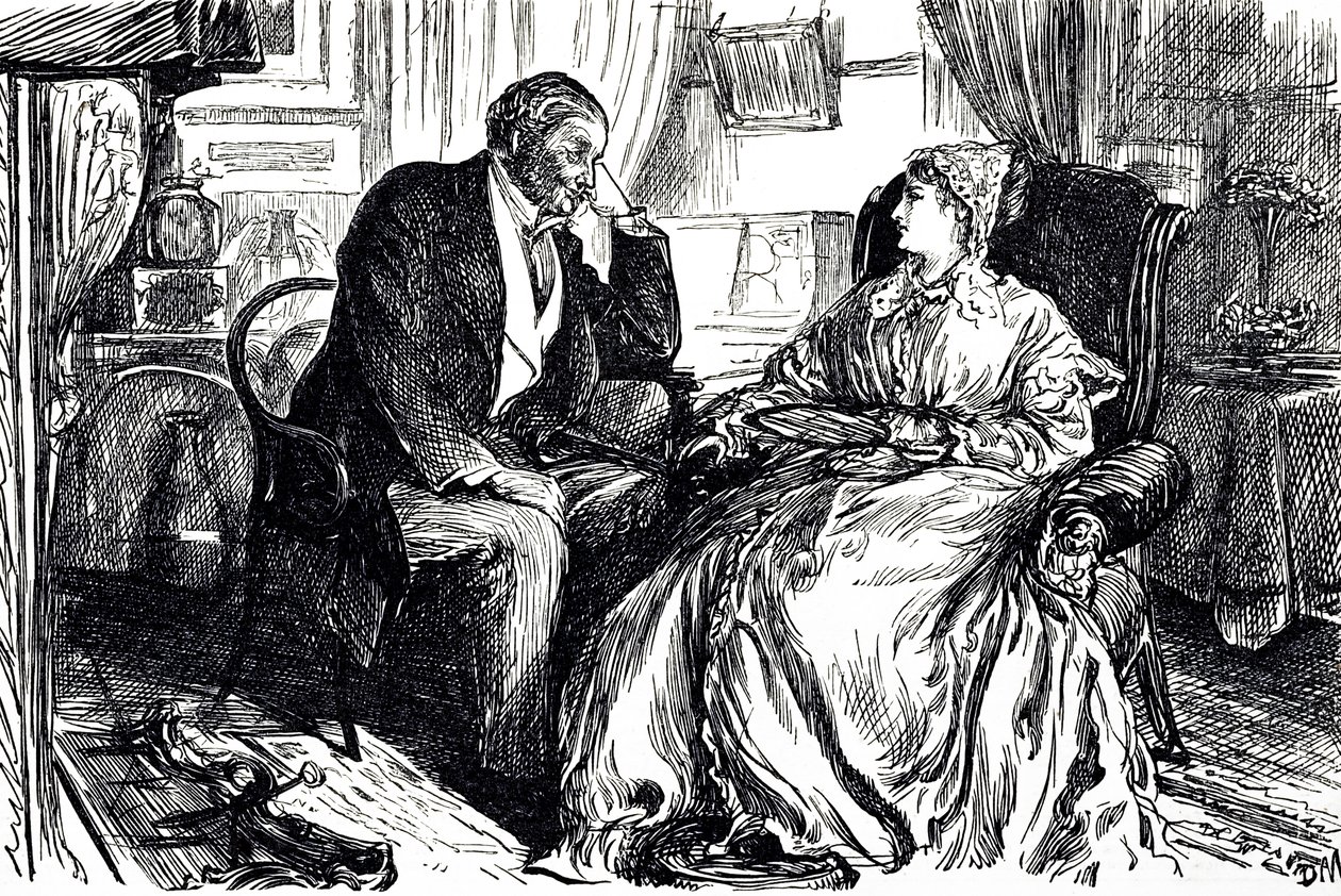 Cartoon Illustrating a Man and Woman in Conversation About the Calming Benefits of Cod Liver Oil. England 1869 by George du Maurier