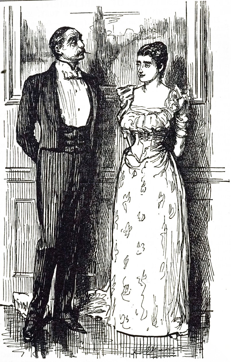 Cartoon illustrating a man and woman in conversation at a society event, England 1891 by George du Maurier