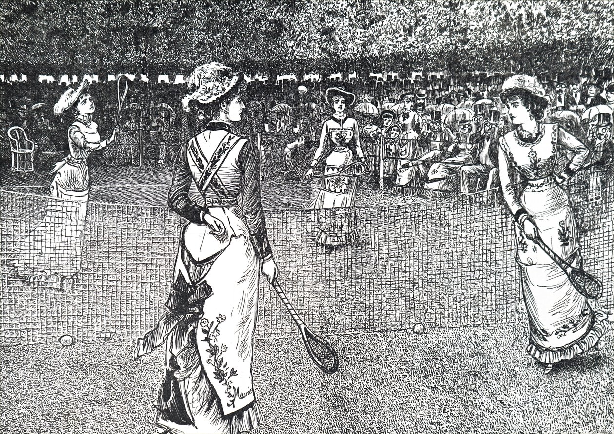 Ladies playing lawn tennis by George du Maurier