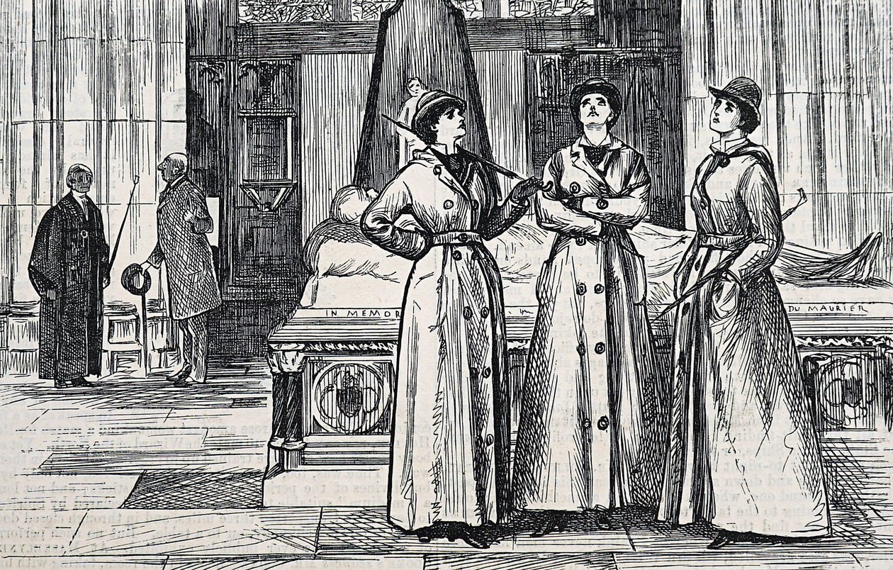 Three Women Wearing Full Length Coats, in a Museum by George du Maurier