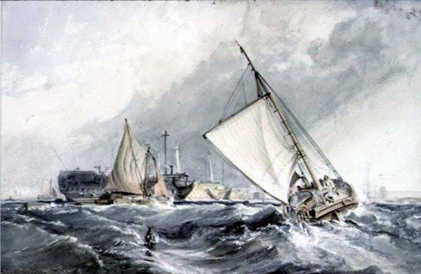 Old Men-of-War at Anchor: boats in a Gale by George the Elder Chambers