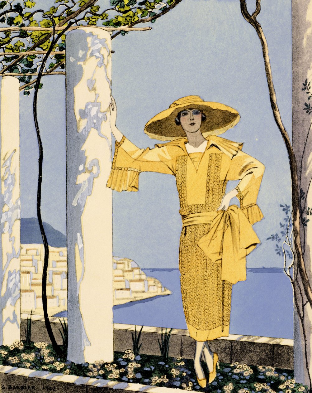 Amalfi, illustration of a woman in a yellow dress by Worth by Georges Barbier
