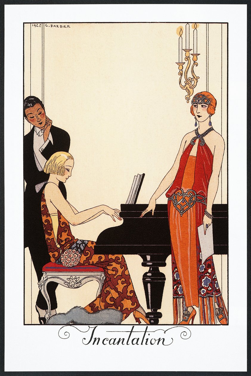 Incantation, pianist and woman dressed in evening gowns, illustration from Falbalas et Fanfreluches, Almanac of 1923 by Georges Barbier