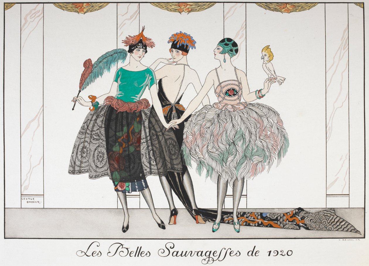 The Beautiful Savages of 1920. Three Women in a Line Wearing Exotic Dresses by Georges Barbier