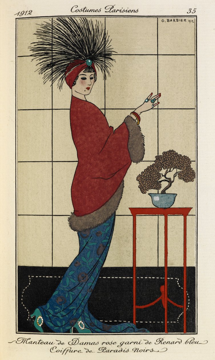 Damascus Pink Coat Lined with Fur and Feathered Headdress (Costumes Parisiens no.35) by Georges Barbier