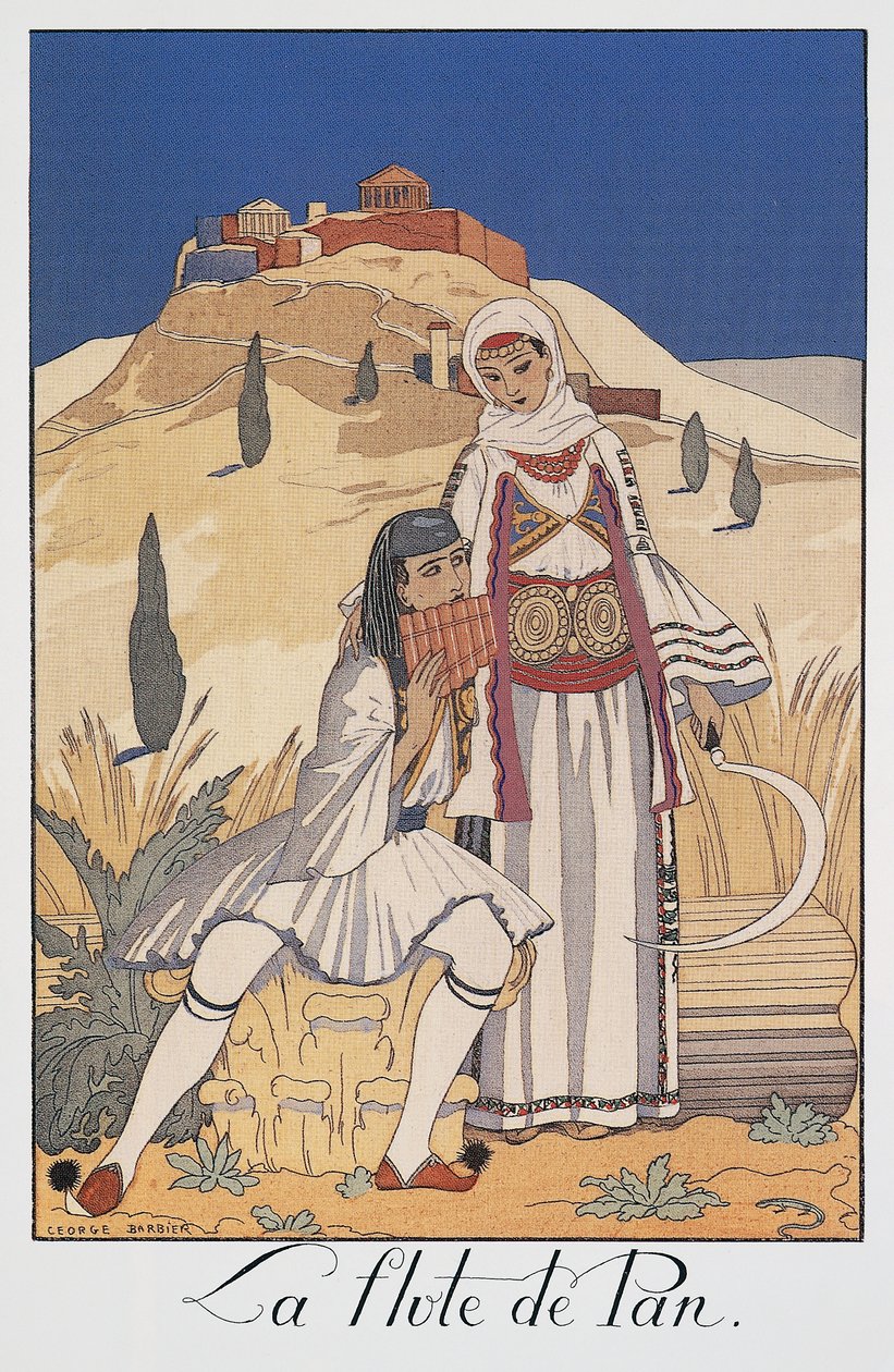 Pan flute player depicting traditional Greek costumes by Georges Barbier