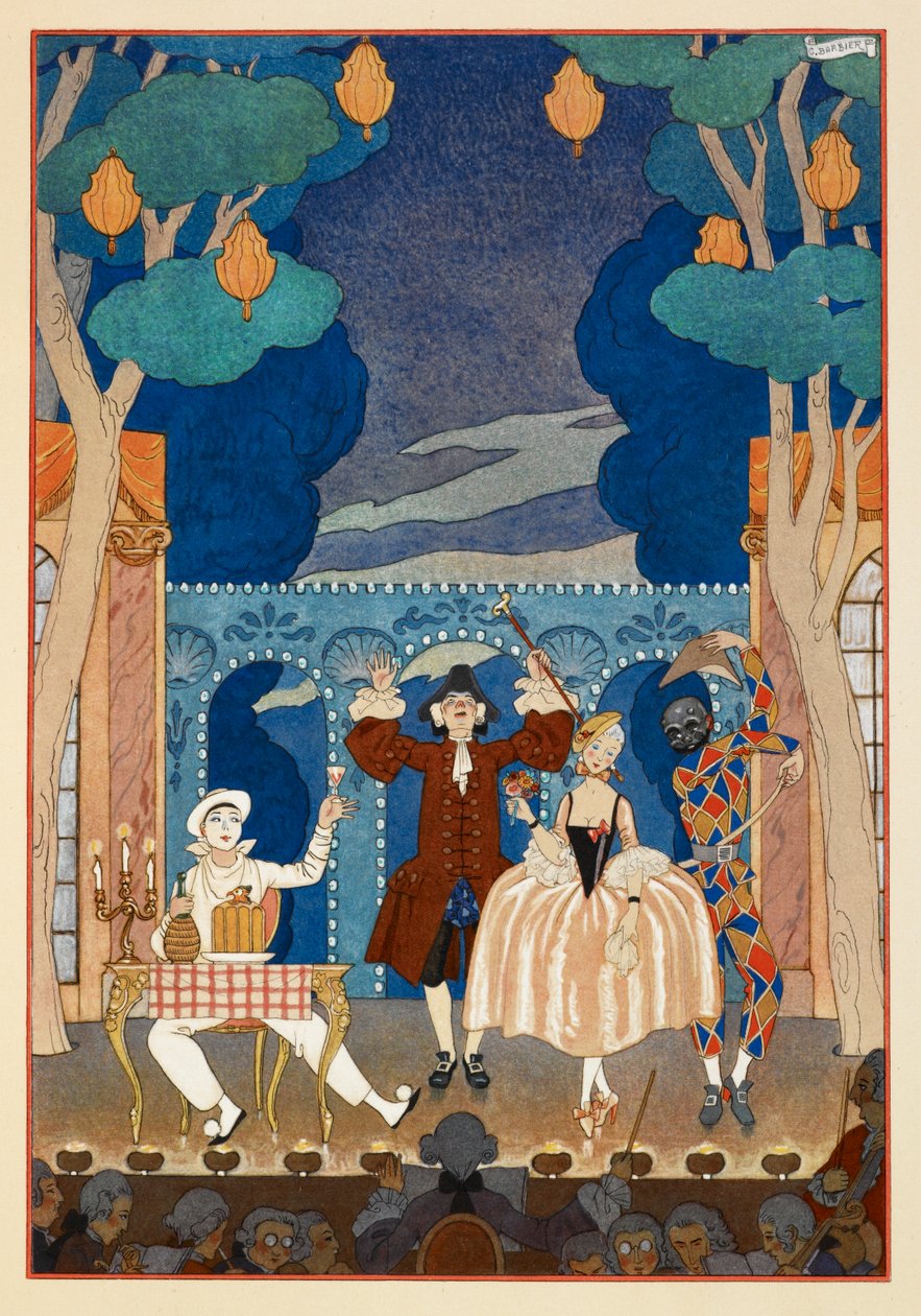 Pantomine. Pierrot and Harlequin. A man and pretty woman. All on a stage. by Georges Barbier