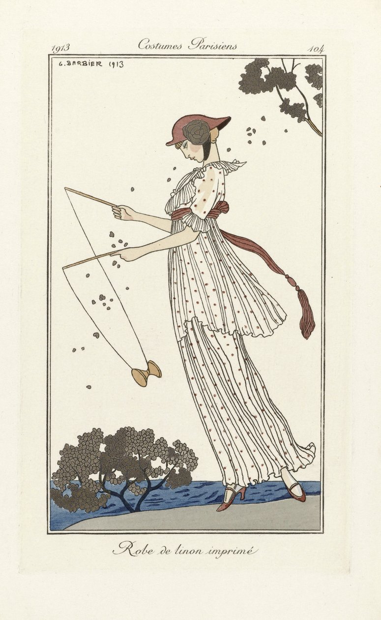 Robe de Linon Imprimé, from Costumes Parisien, pub.1913 by Georges Barbier